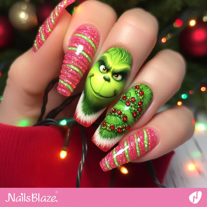 Grinch Nails with Rope Light for Christmas | Cartoon Nails - NB2020
